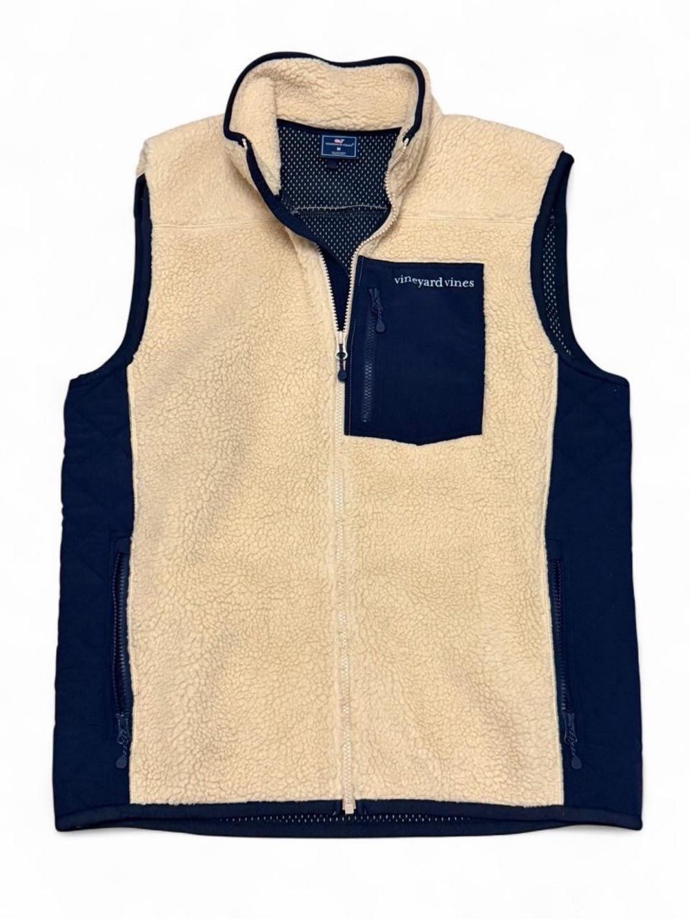 Vineyard Vines Cream and Navy Sherpa Fleece Zip Vest